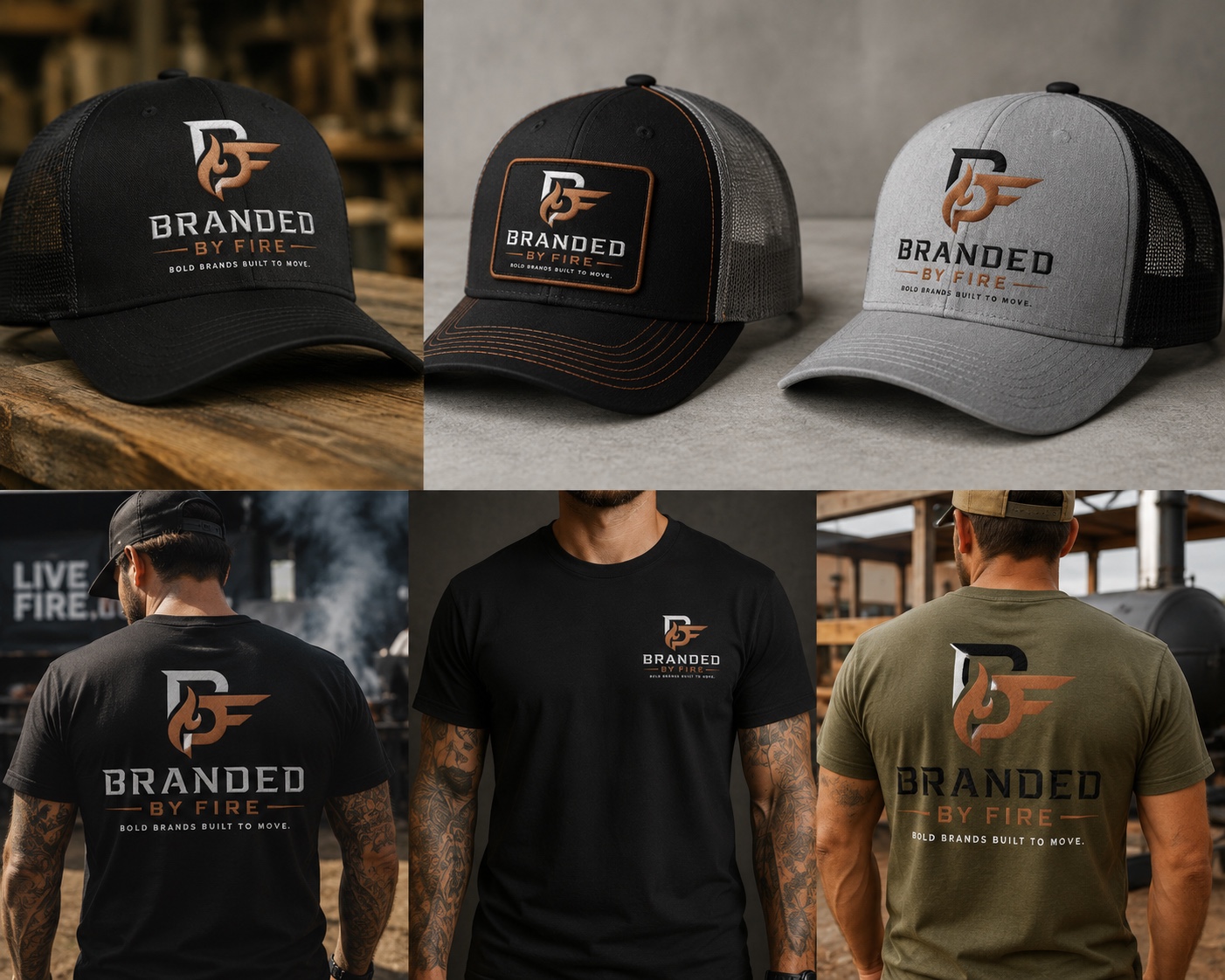 Branded by Fire hats and shirts in black, gray, and olive
