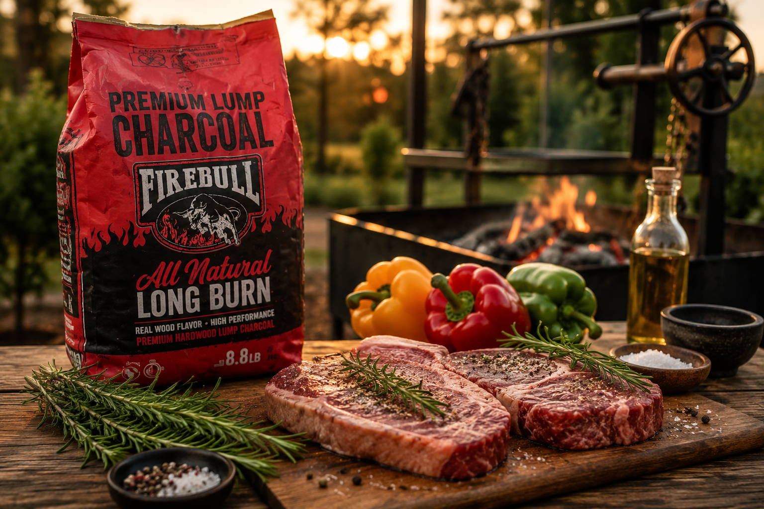 Firebull Charcoal displayed beside live-fire grilled food